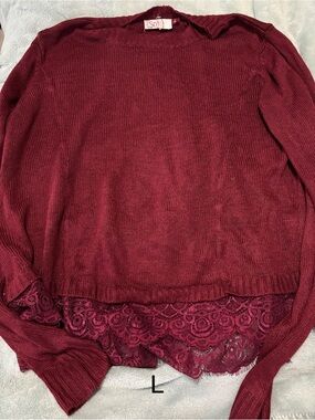 SO Burgundy Lace-Hem Crewneck Sweater